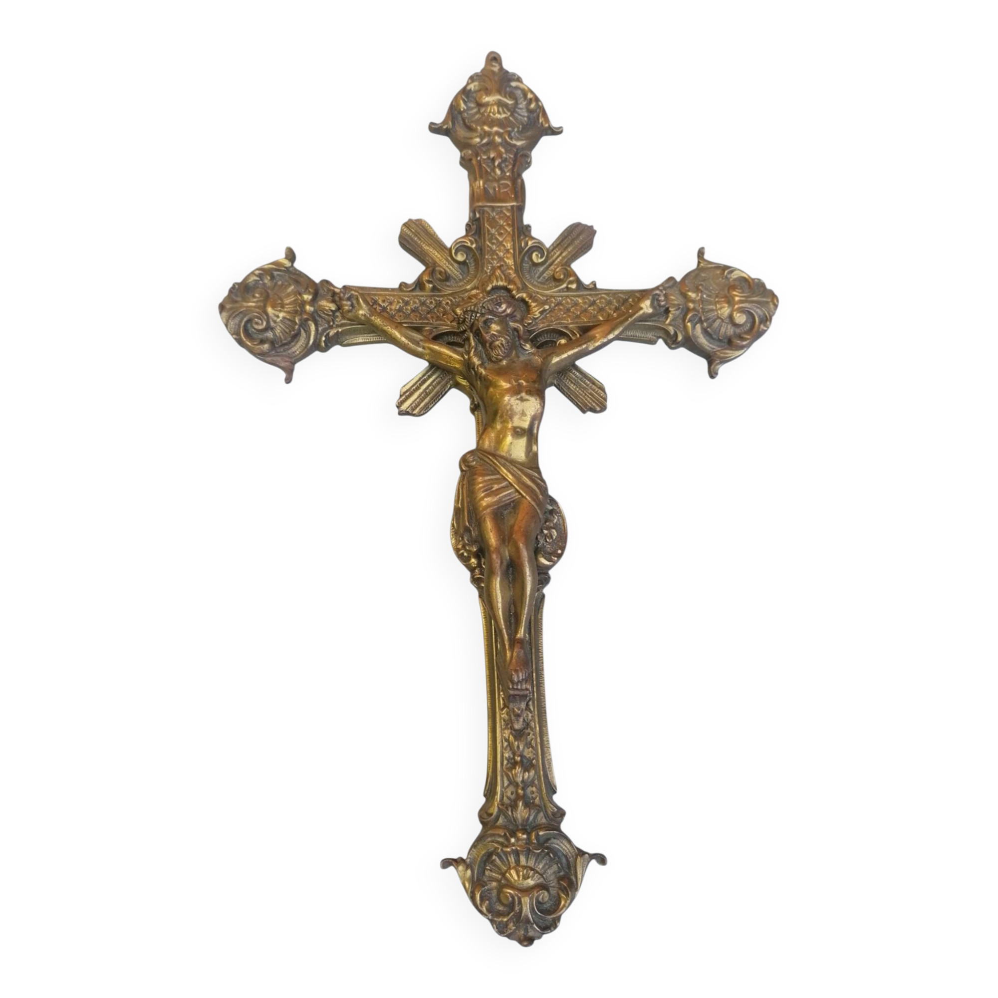 Ornate engraved brass crucifix, Christian cross, Jesus Christ.