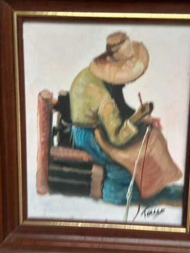 Original Swedish Oil on canvas “Basket-Making Woman” Signed & Framed 27×33cm