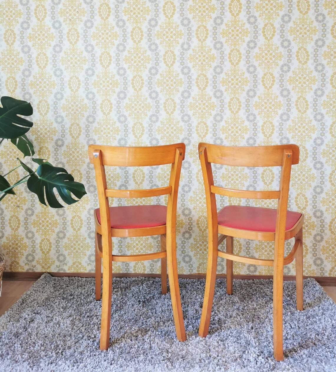 Vintage Wooden Dining Chair: Red Leather Seat, Mid-Century Modern