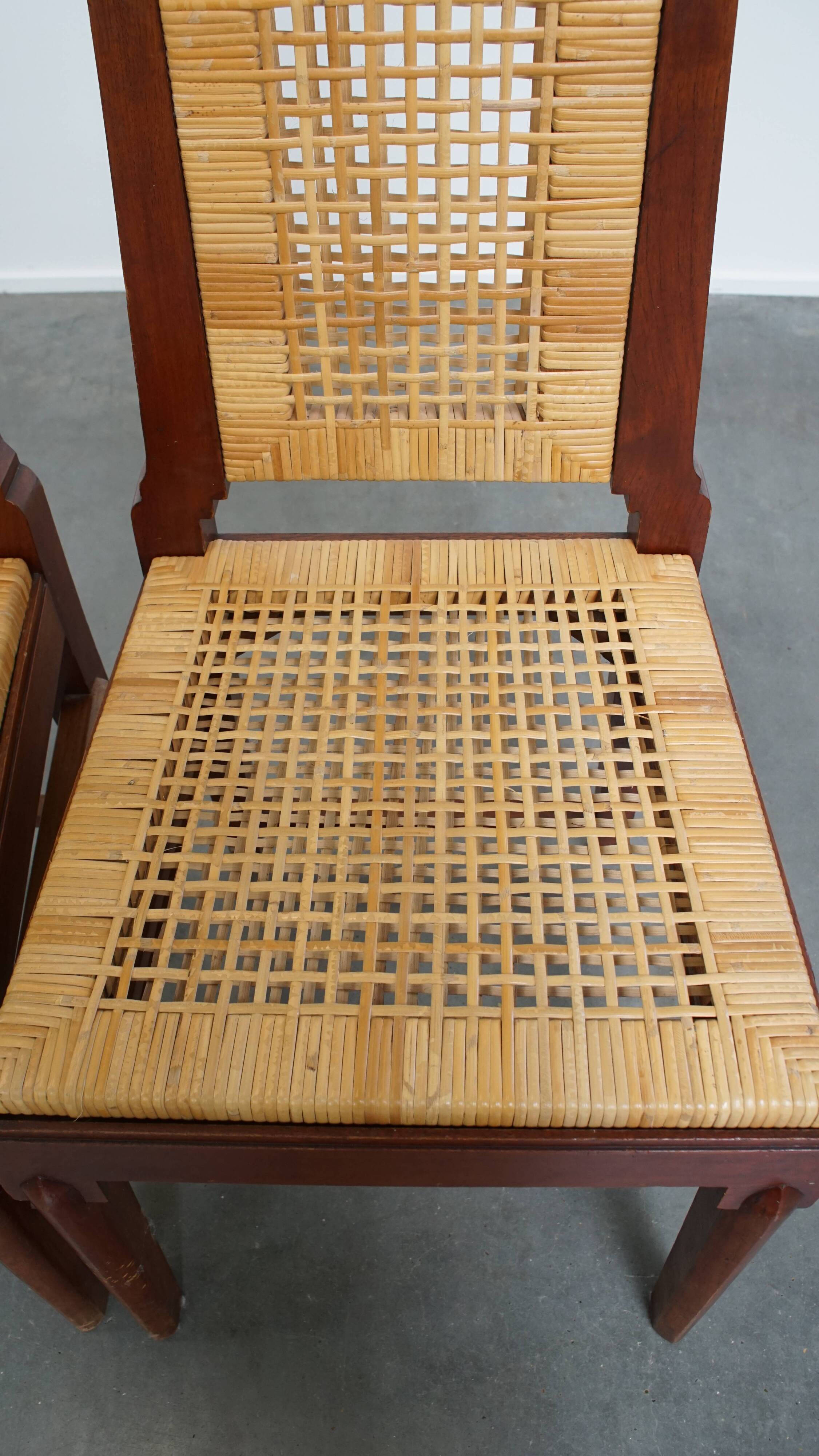 Set of 2 Wooden Art Deco Dining Chairs with Woven Cane Seat and Backrest