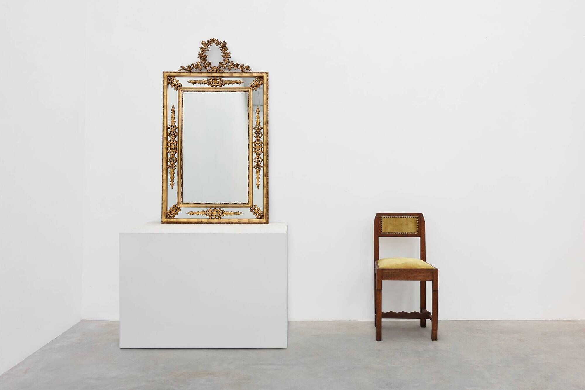 Louis XVI style gilt mirror with laurel wreath crest, Belgium, 20th century