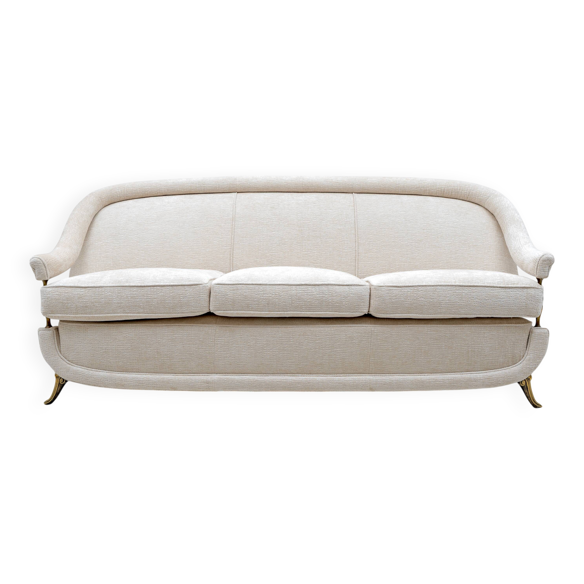 French of Mid-Century Sofa in Art Deco Style with Brass Details, 1950s