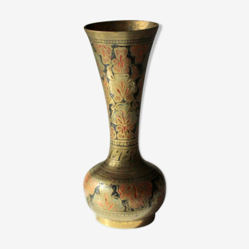 Solid brass vase, color engraved and etched, vintage from the 1970s