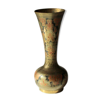Solid brass vase, color engraved and etched, vintage from the 1970s