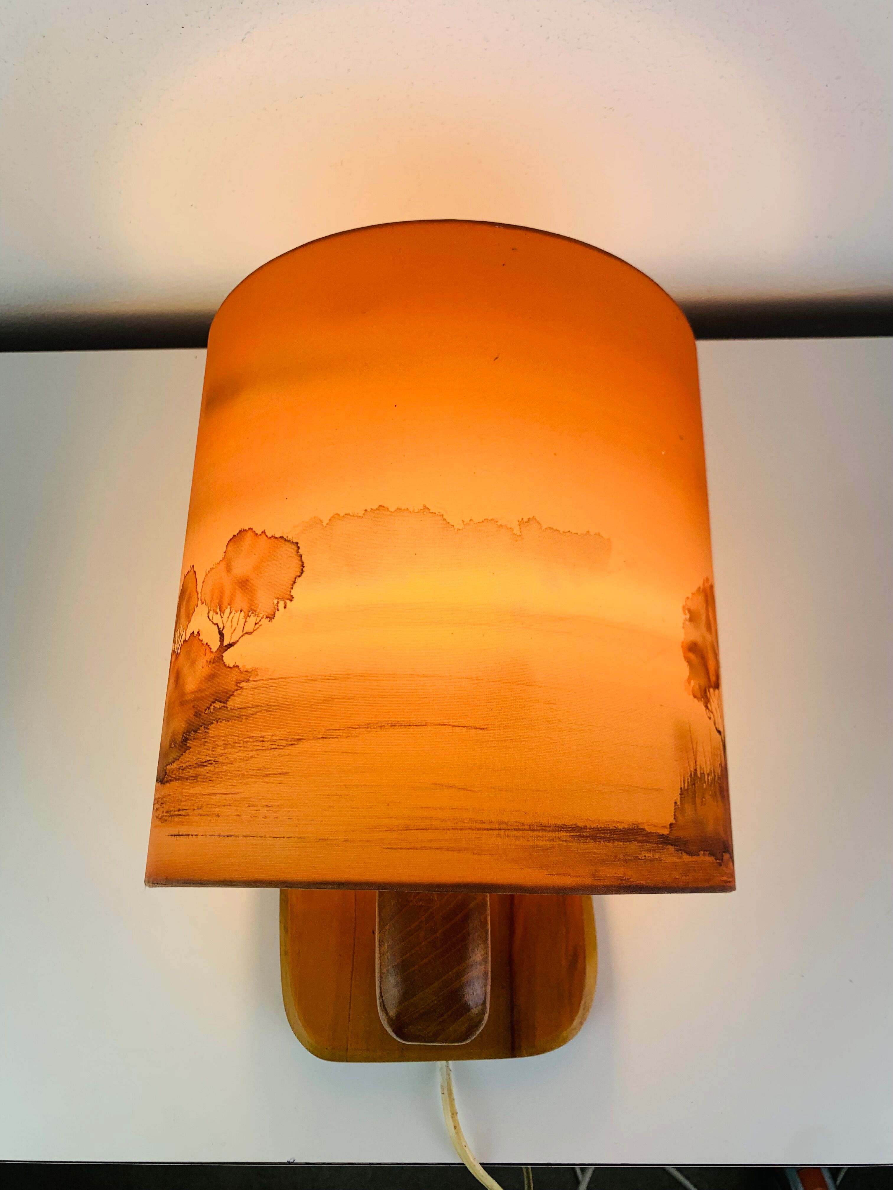 Wooden wall lamp and silk lampshade, vintage, 1960s.