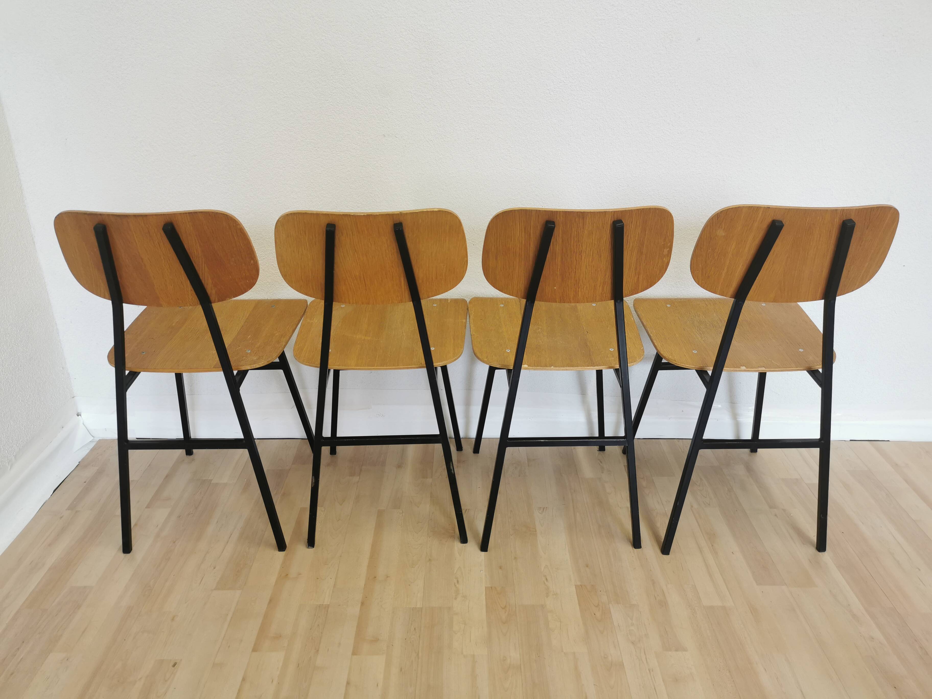 Set of 4 vintage school chairs / retro wooden dining chair with metal base / stol kamnik yugoslavia