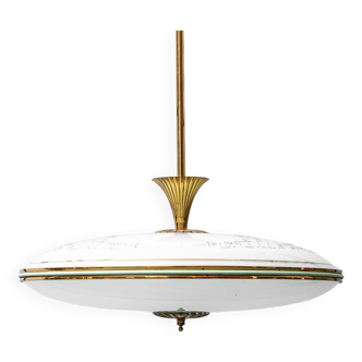 Lampadario a sospensione circolare vetro ottone anni '50 vintage