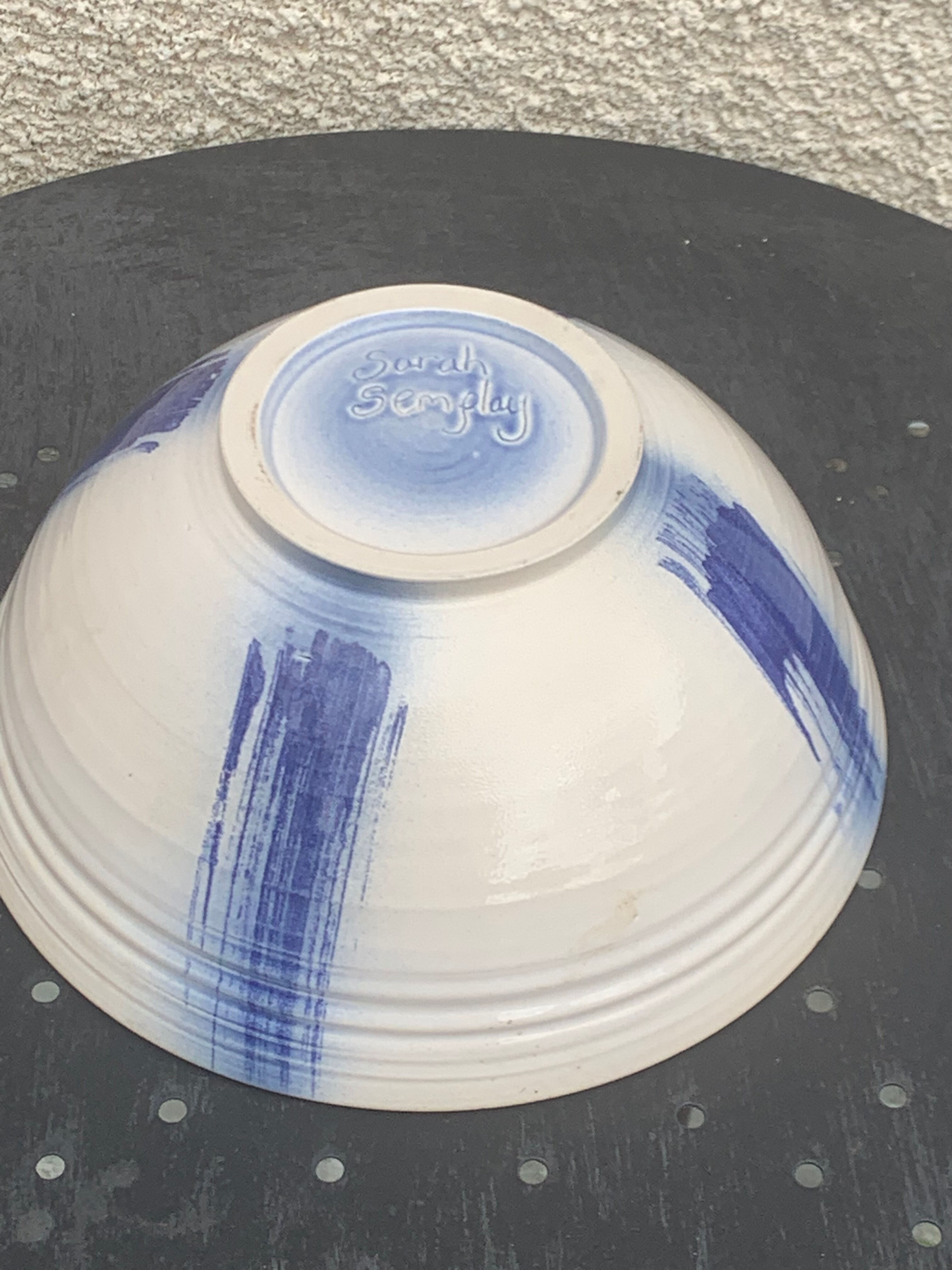 Glazed ceramic salad bowl signed by ceramicist Sarah Semplay vintage