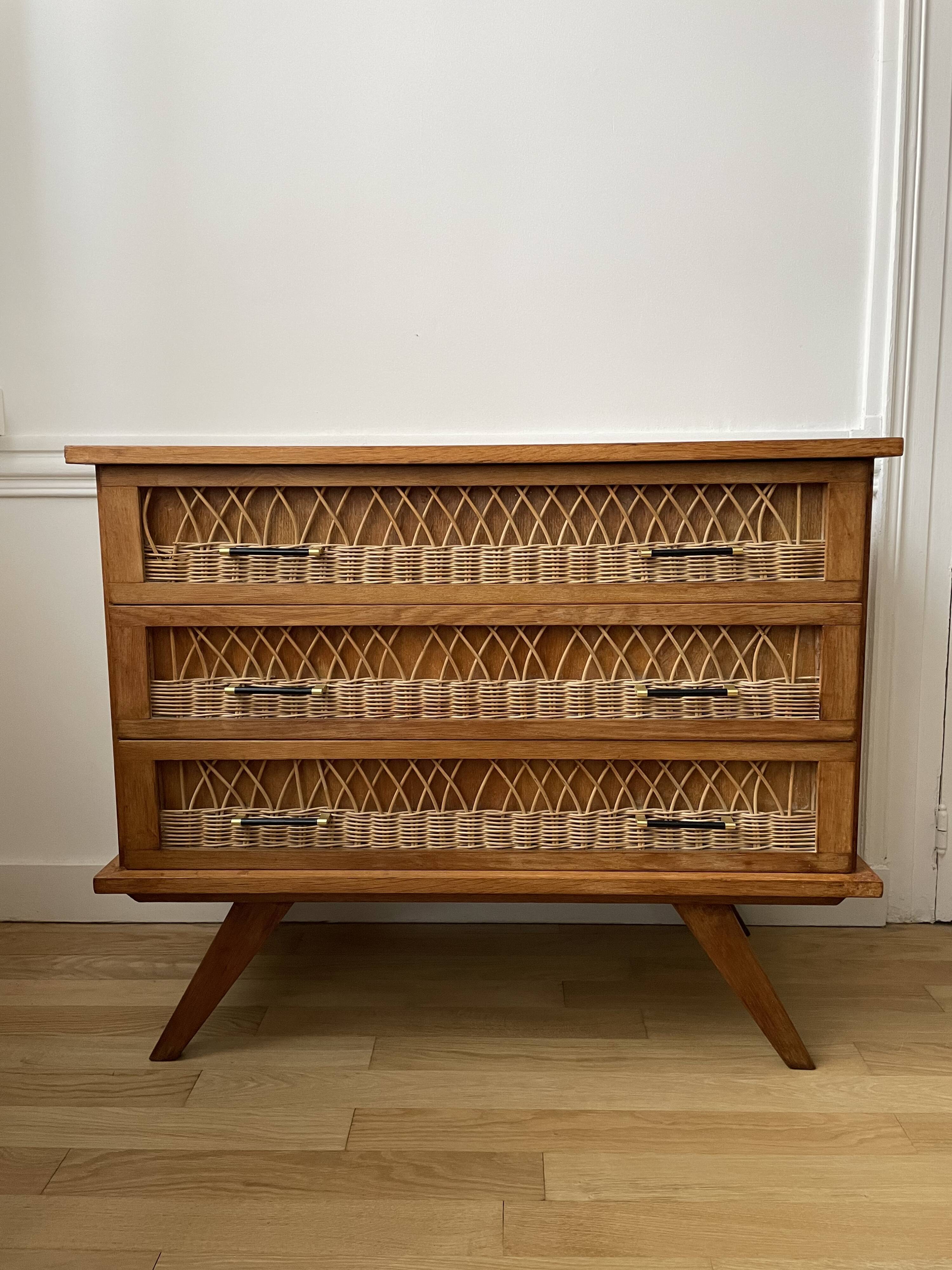 Commode rotin 3 tiroirs 1960