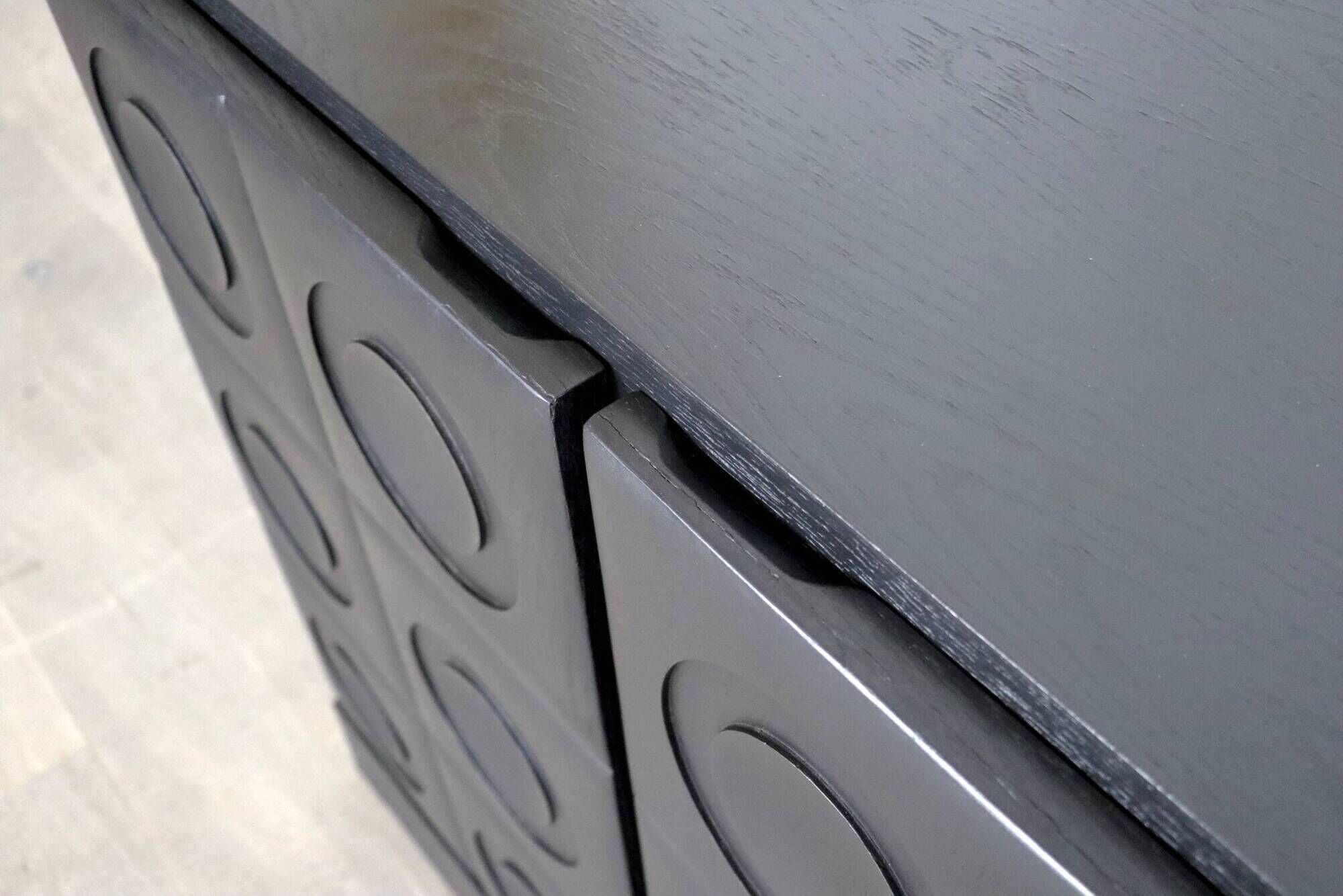 Midcentury Modern Brutalist Sideboard In Black Carved Wood And Chrome, Belgium, 1970s