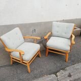 Pair of vintage pastel green fabric armchairs