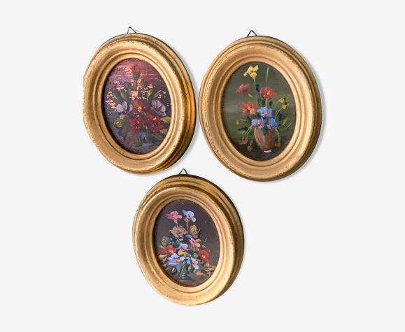 Trois tableaux miniatures fleurs