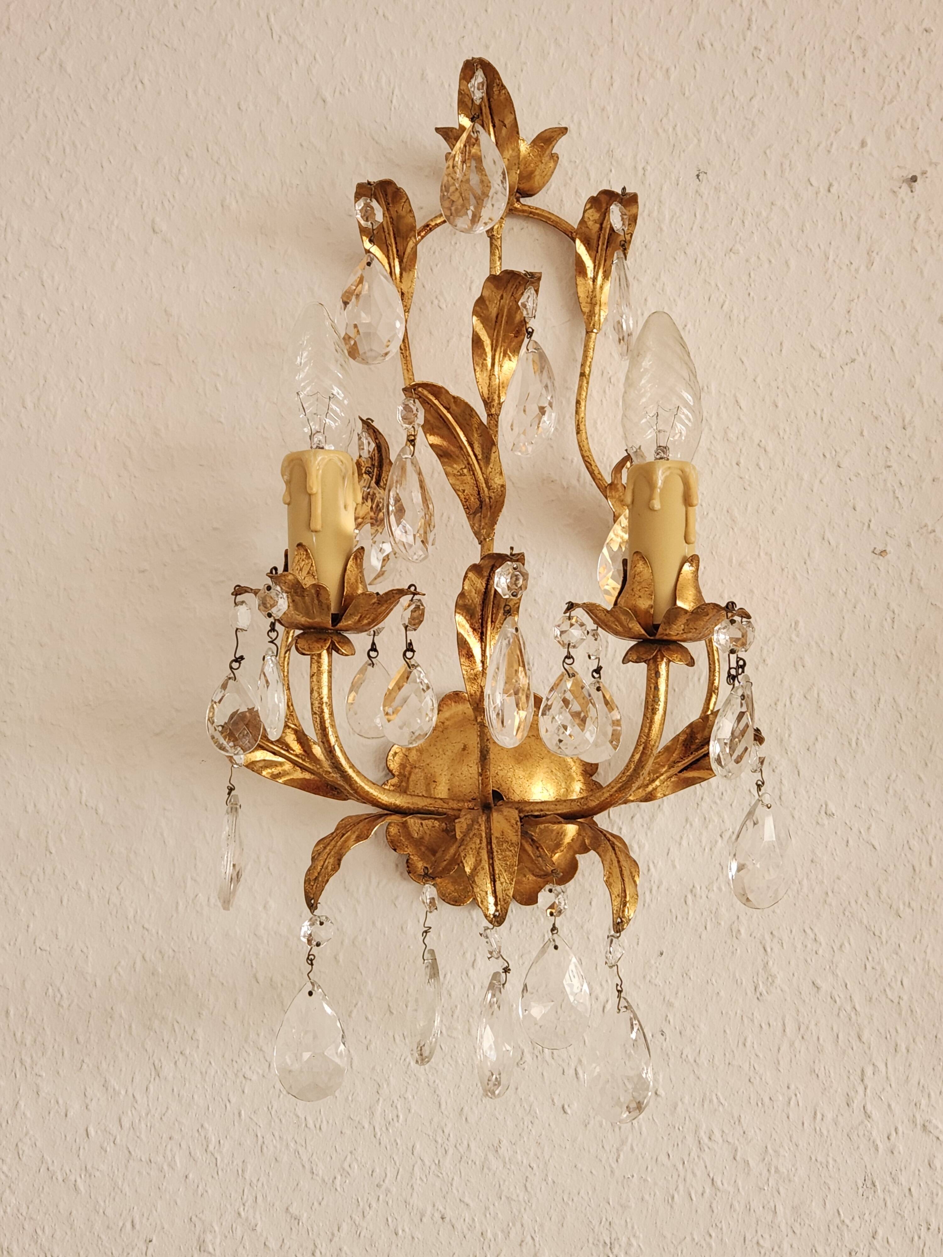 Hand-forged wall lamp gilded with gold leaf and crystals, Italy