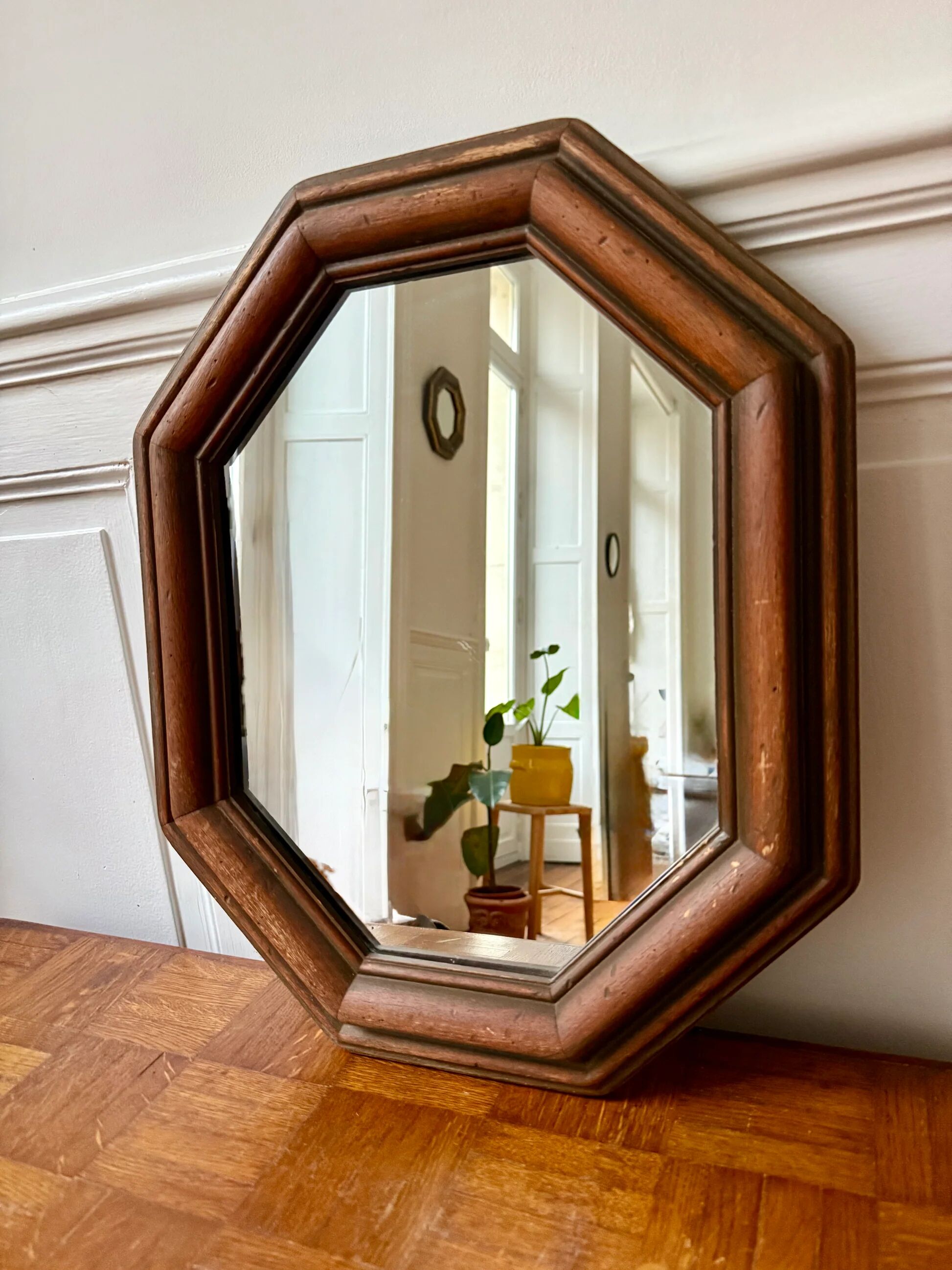 Octagonal wooden mirror