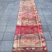 Tapis Couloir Tribal Vintage Rouge, Tapis Turc Géométrique, 75x313 Cm