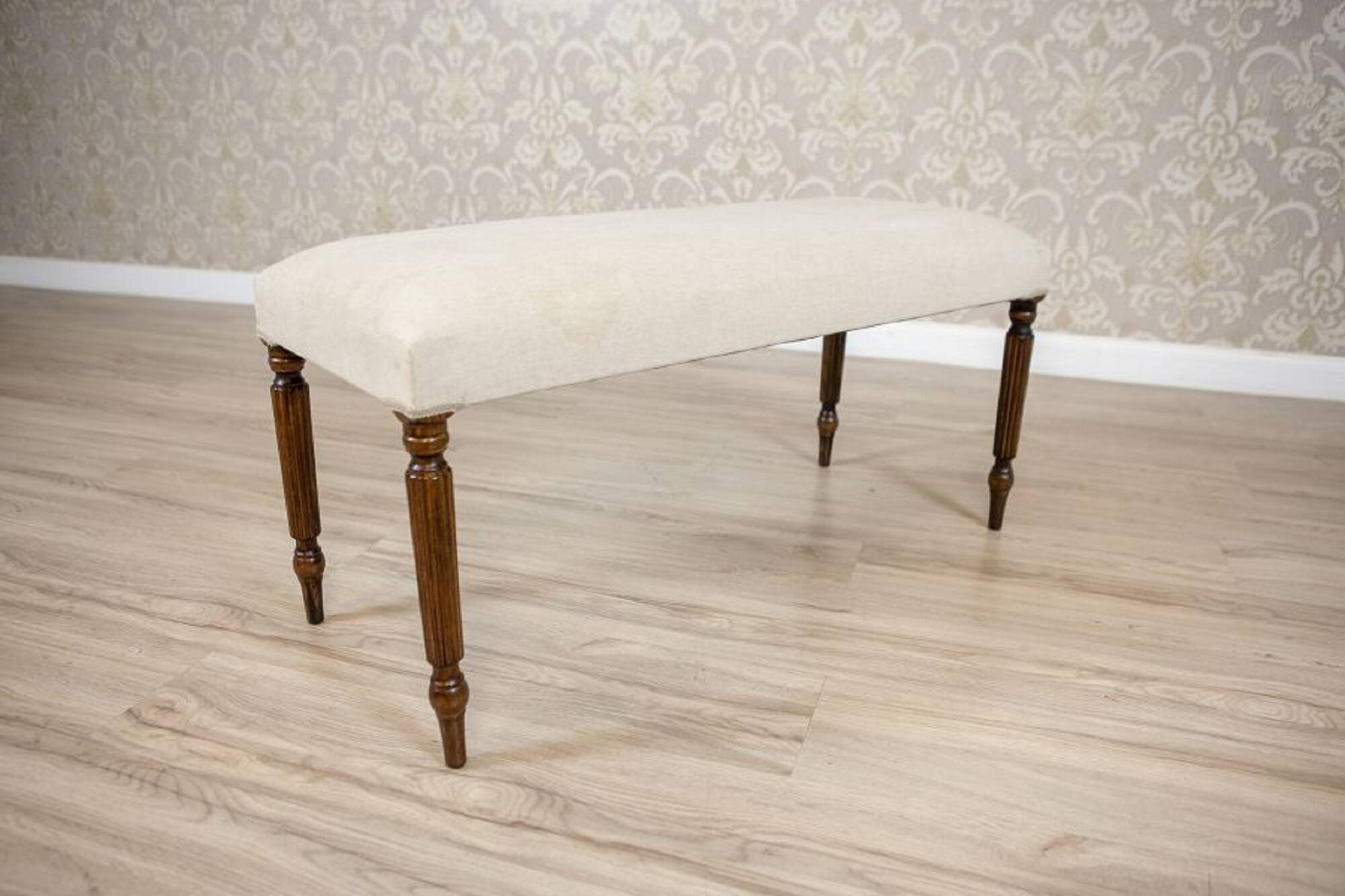 Mid-Century Neoclassical Louis XVI Style Bench with Cream Upholstery and Fluted