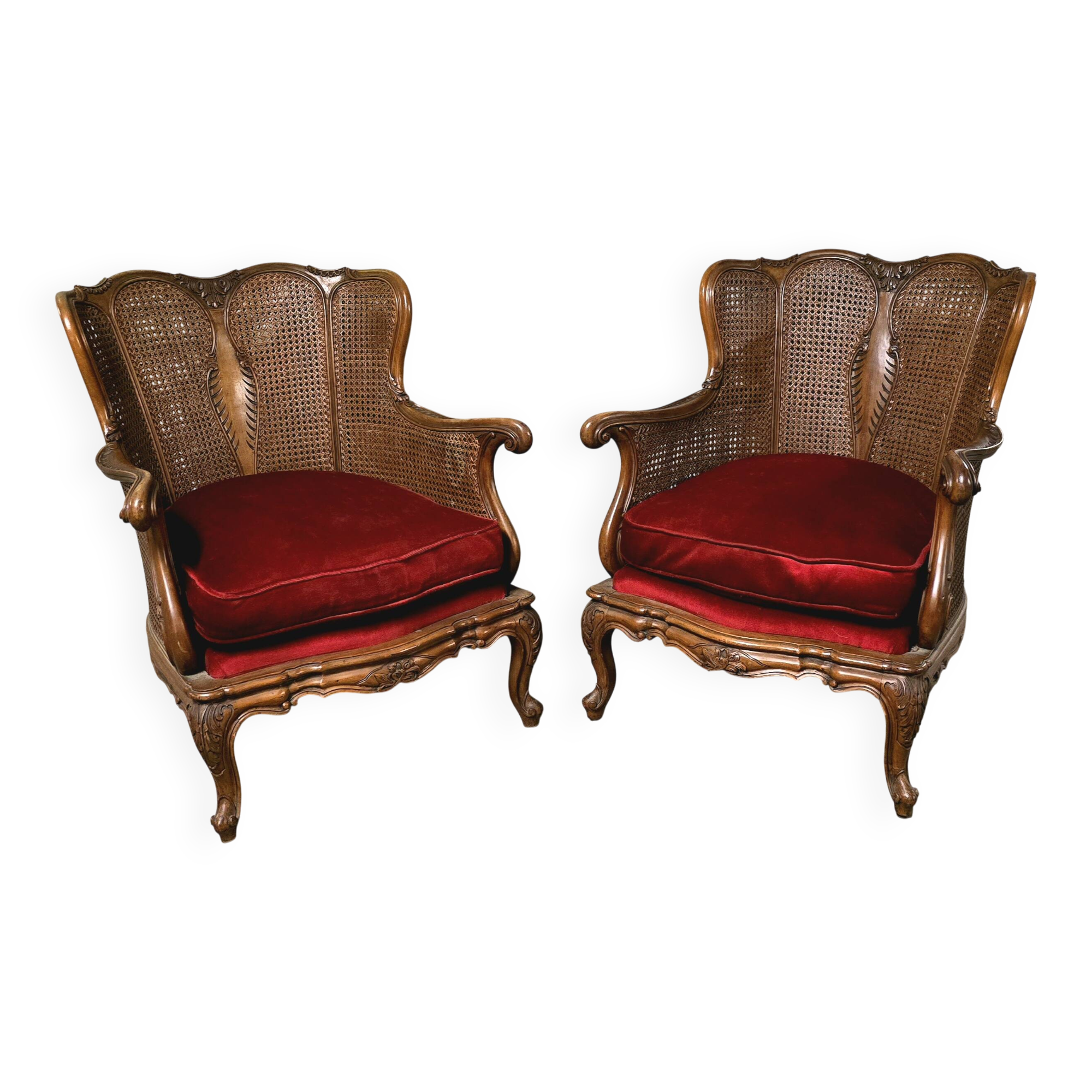Pair of wooden and rattan armchairs, Louis XV style