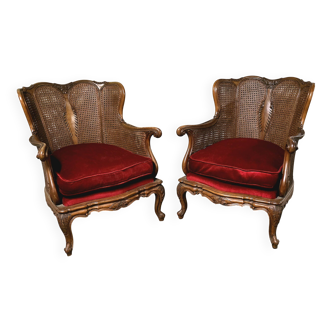 Pair of wooden and rattan armchairs, Louis XV style