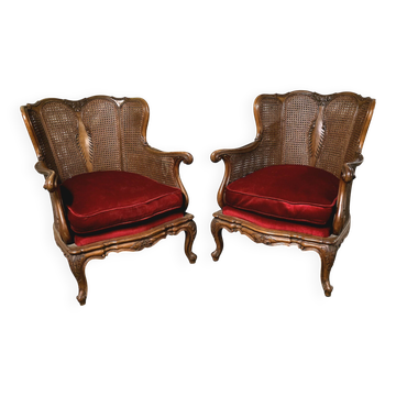 Paire de fauteuils en bois et rotin, style Louis XV