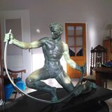bronze sculpture athlete bending an iron bar by Jean de Roncourt on an art deco marble base