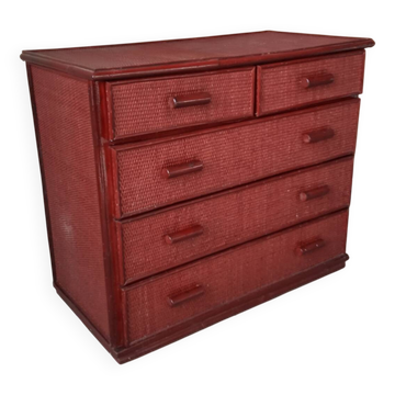 Vintage red lacquered rattan chest of drawers