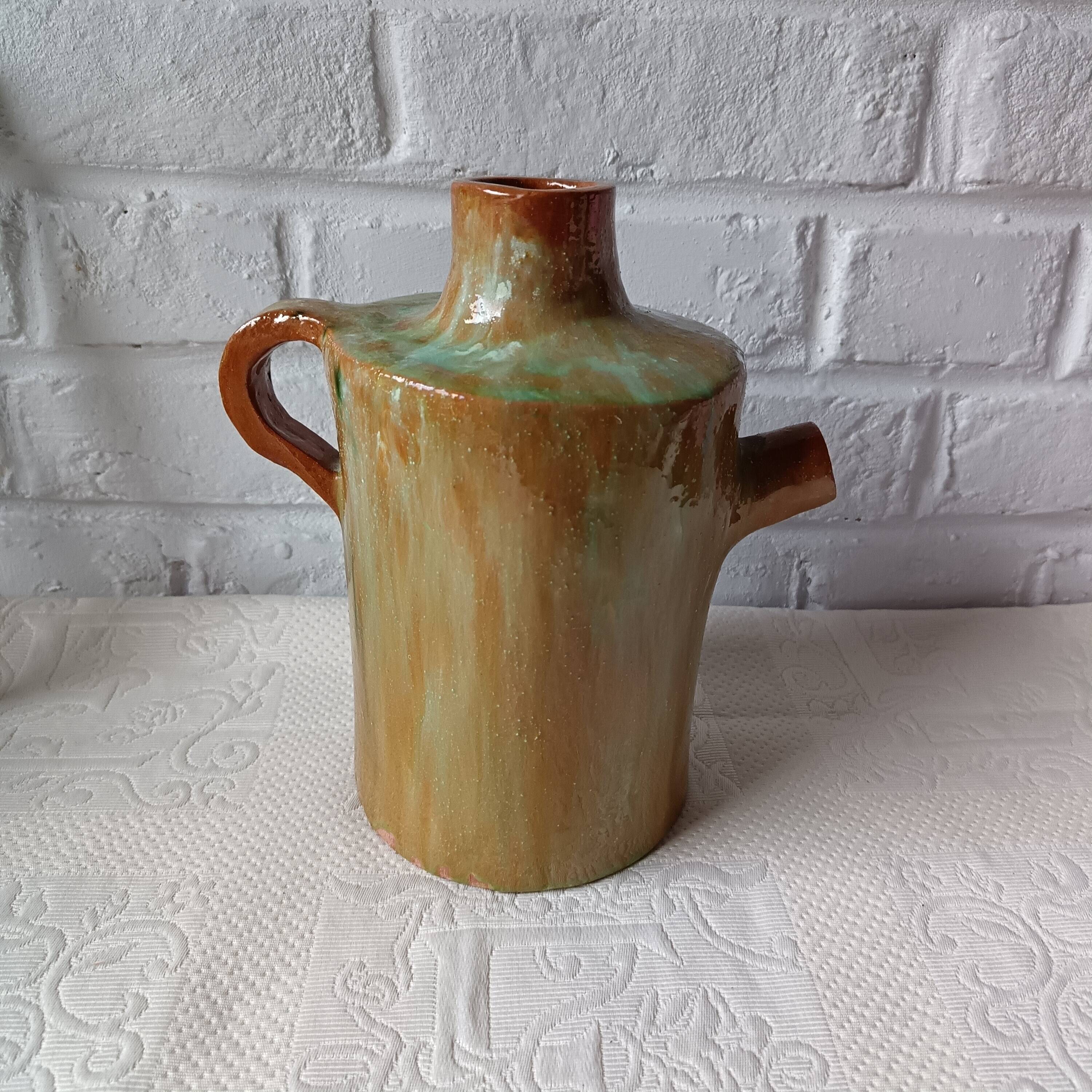 Vintage green enamelled handmade terracotta jar France