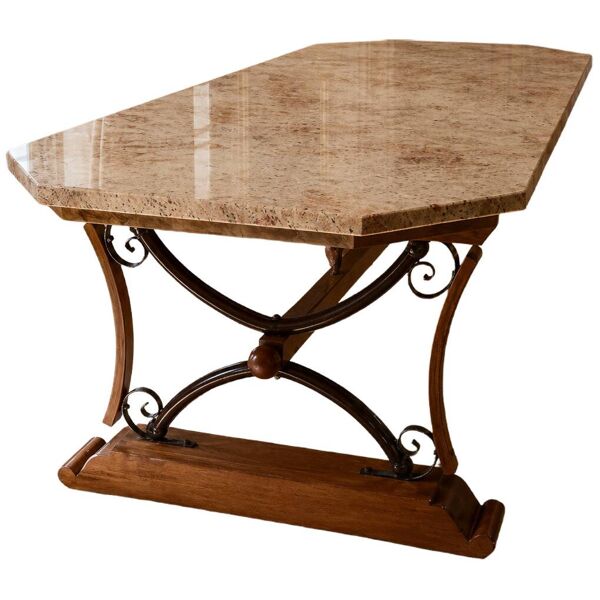 Grande table de salle à manger en granit poli sur piètement en chêne et fer