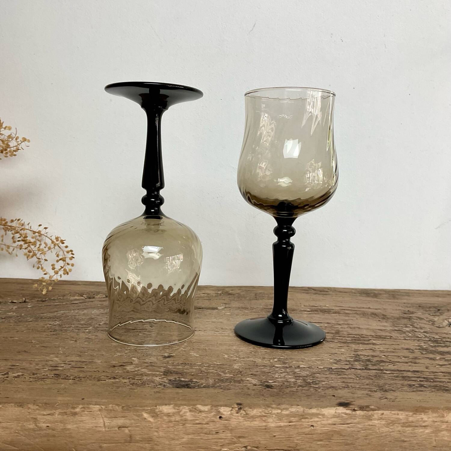 6 small luminarc smoked stemmed glasses