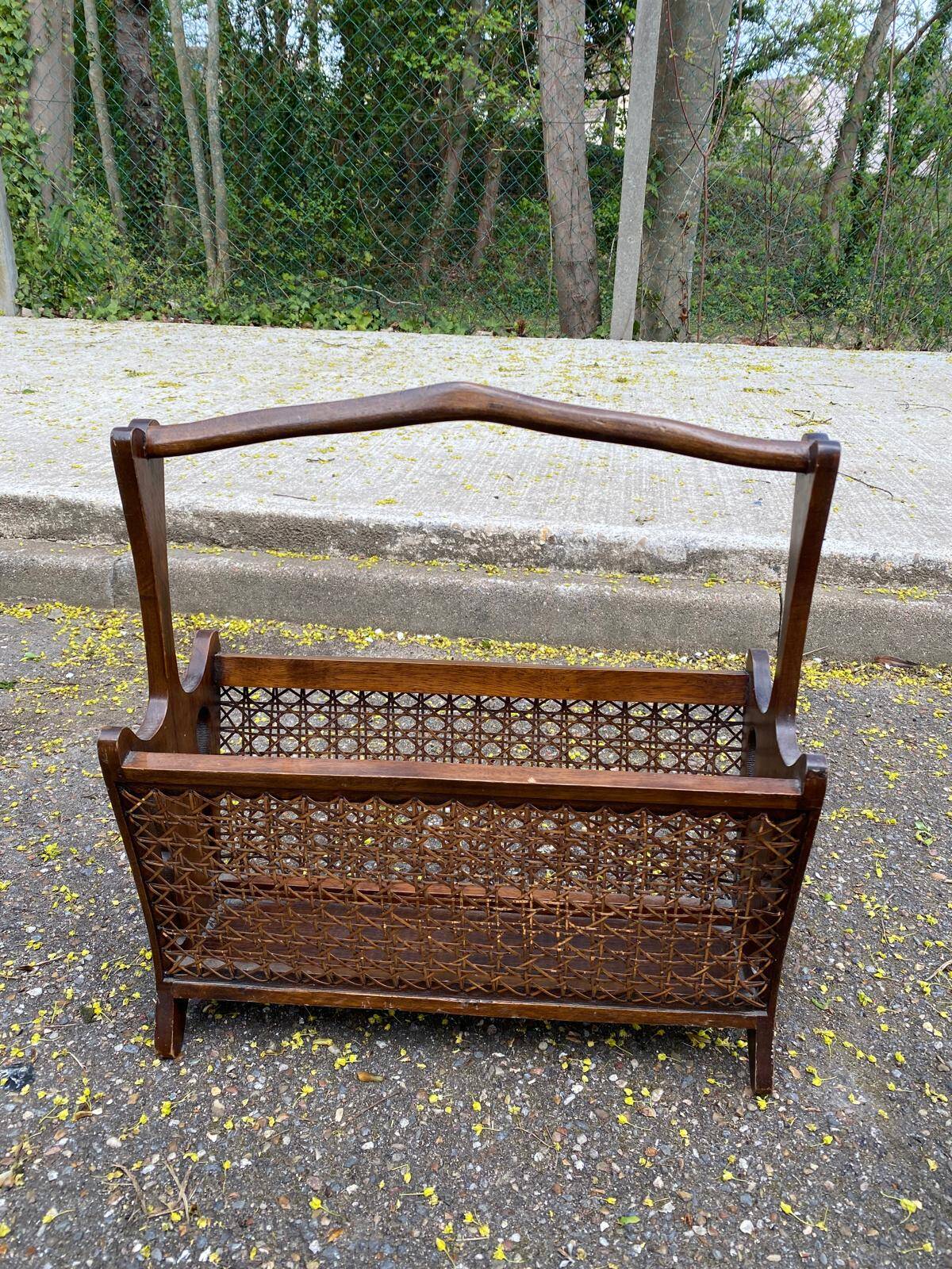 Vintage magazine rack, solid wood and cane document holder.