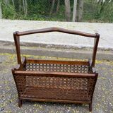 Vintage magazine rack, solid wood and cane document holder.