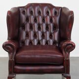 Red Cowhide Leather English Chesterfield Wingback Chair