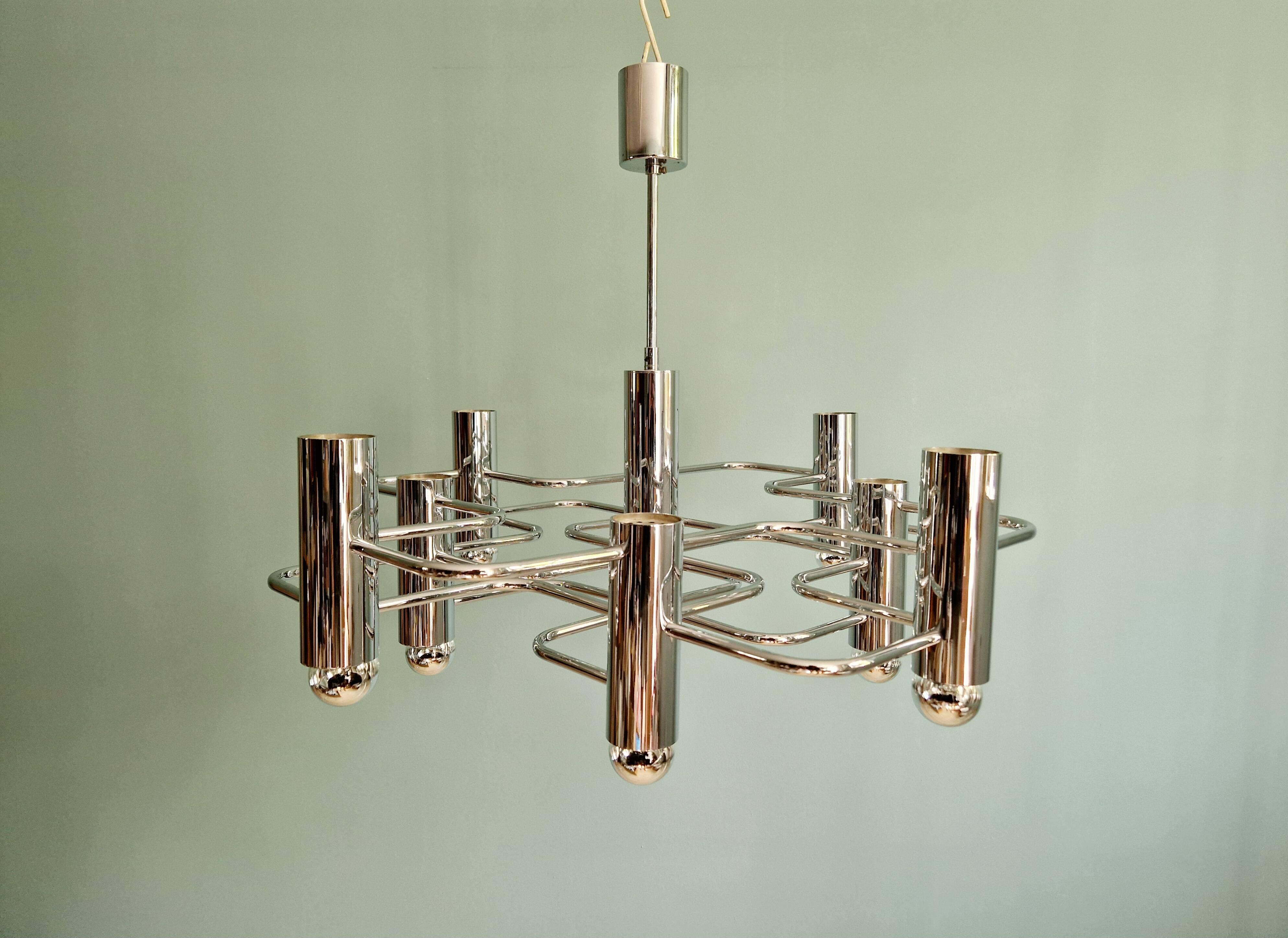 Vintage chrome metal chandelier, Sciolari, 70s