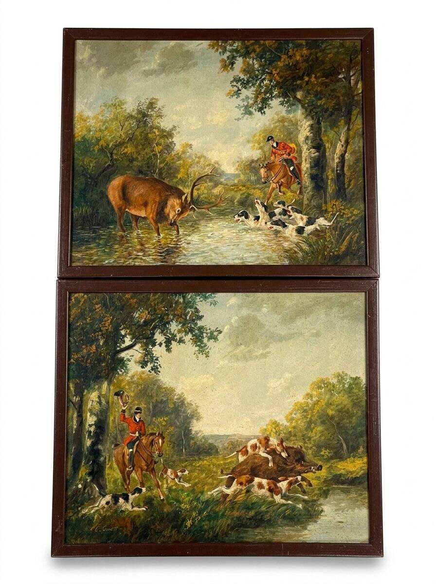 Pair of oil on canvas paintings depicting hunting scenes with deer and wild boar.