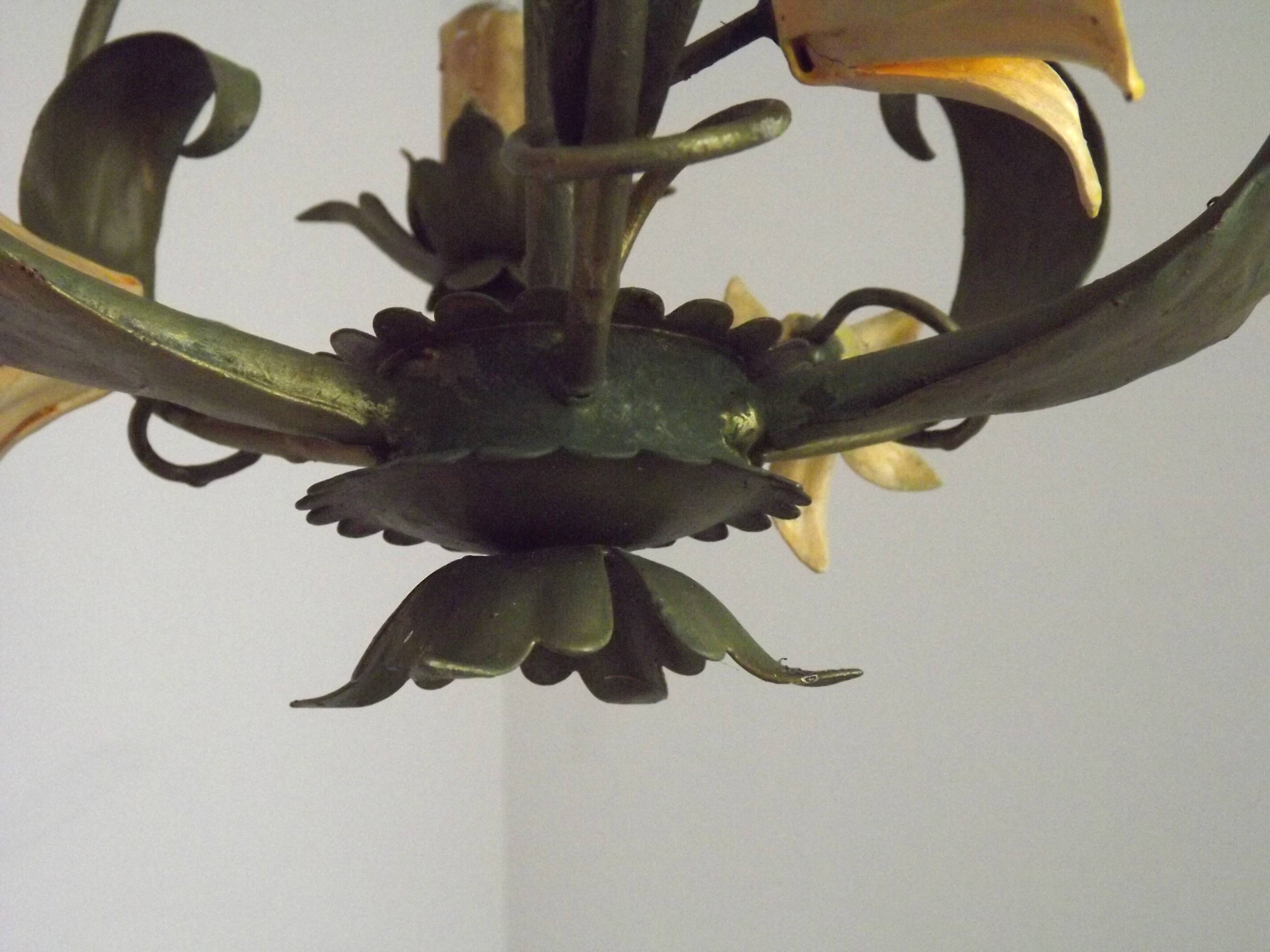 French Vintage 3 Light Cage Chandelier Hand Painted Floral Design