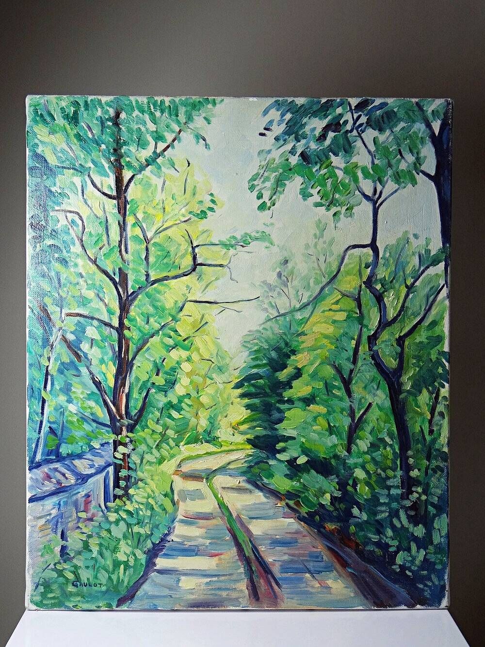 Modern colourful landscape tableau oil on canvas vintage village signed Gaulot