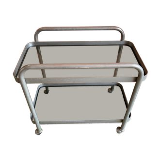 Vintage chrome rolling table and smoked glass trays 1960s