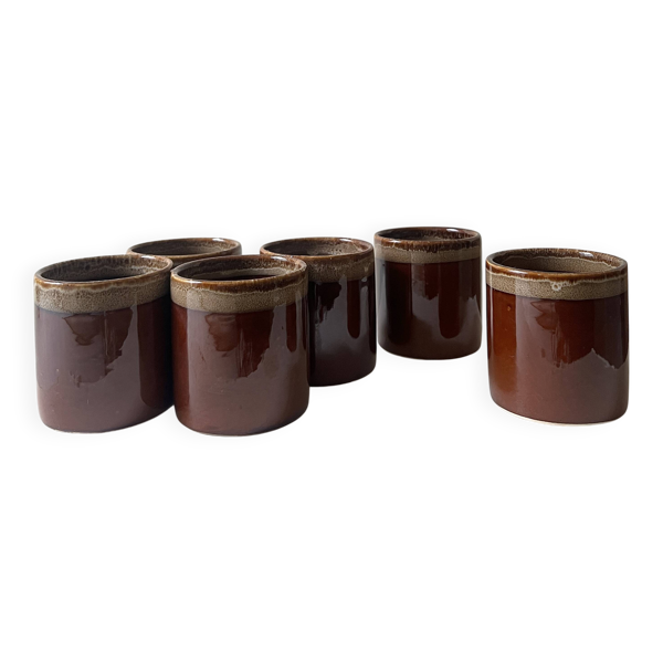 Service de 6 tasses a café en céramique artisanale émaillée brun ambré 1970