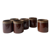 Service of 6 coffee cups in handcrafted glazed ceramic, amber brown, 1970.