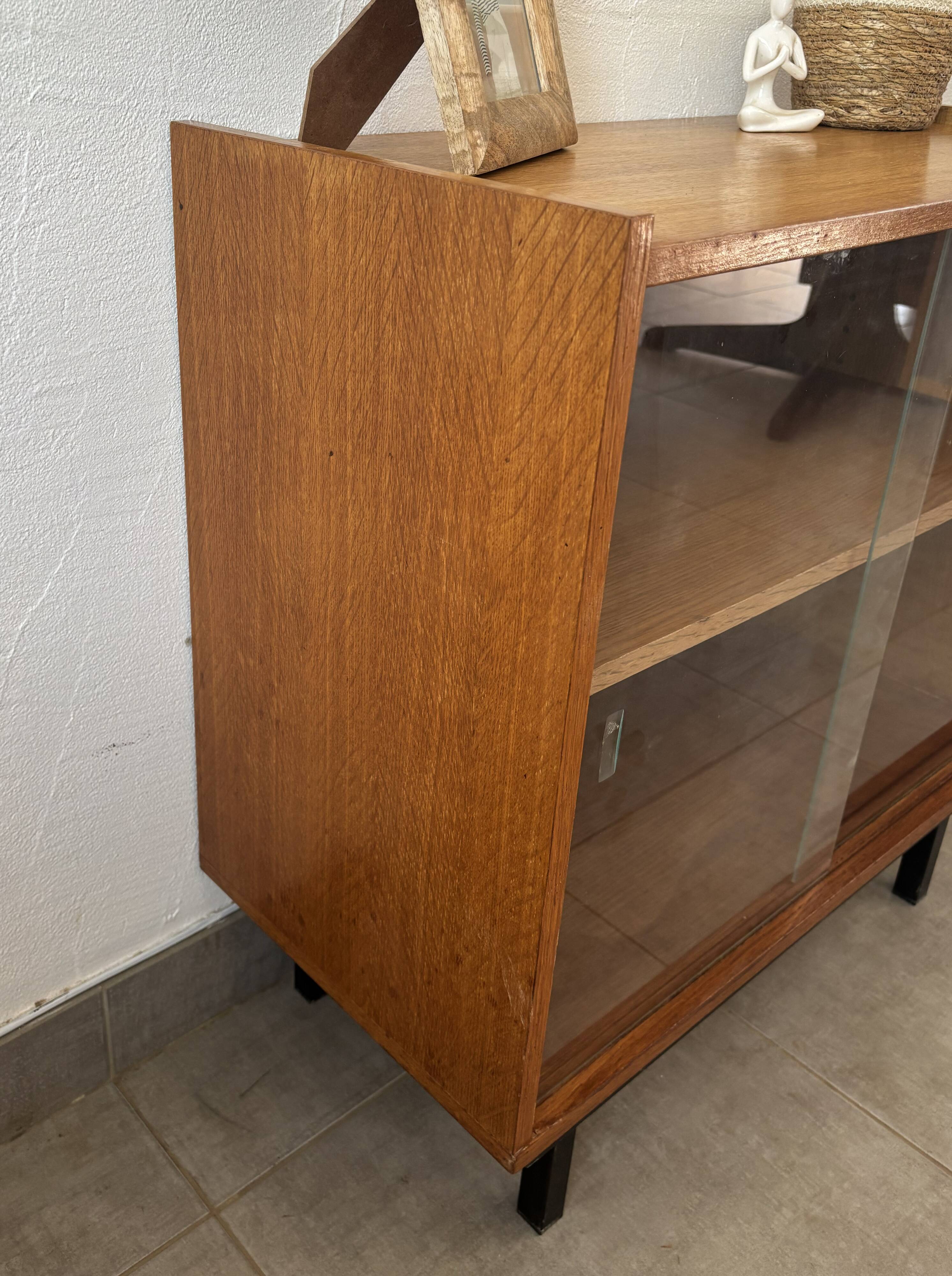 Vintage oak display cabinet from the 1960s.