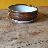 Old small glazed ceramic dish with lion head decoration - brown enamel kitchen bowl