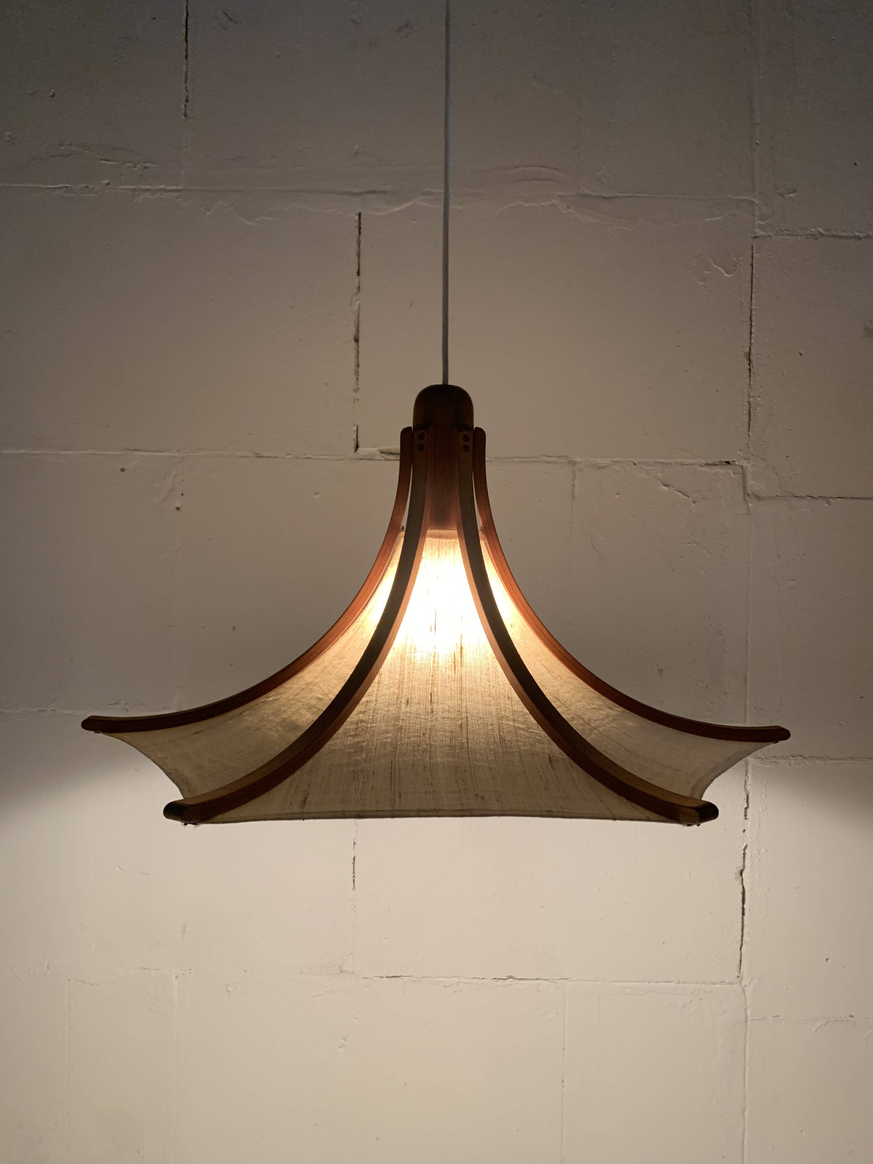Teak and linen umbrella pendant hanging lamp by Domus, 1970s