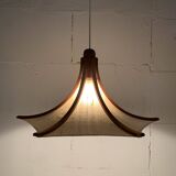 Teak and linen umbrella pendant hanging lamp by Domus, 1970s