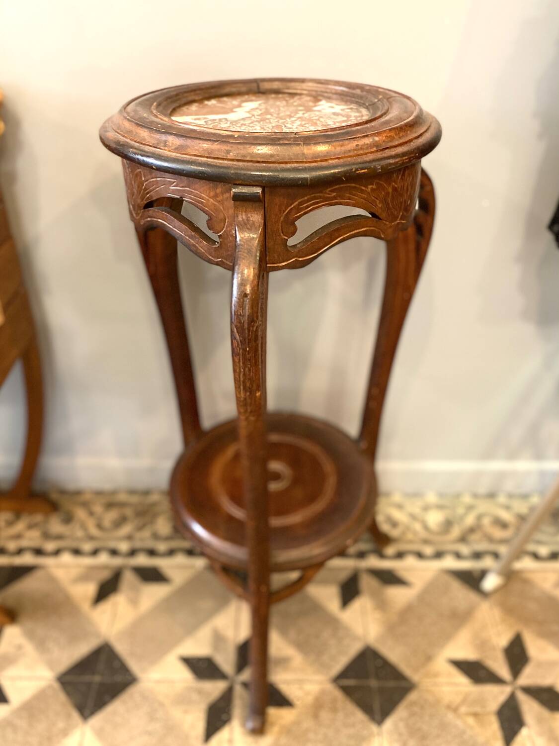 Art Nouveau wooden and marble stool