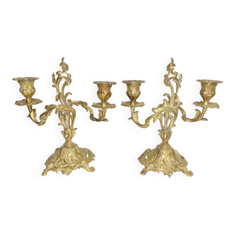 Paire d'anciens Chandeliers Bougeoirs en Bronze 2 branches louis XV Art Nouveau