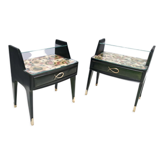 Pair of dark green wooden nightstands in the 1950s style with a decorated top