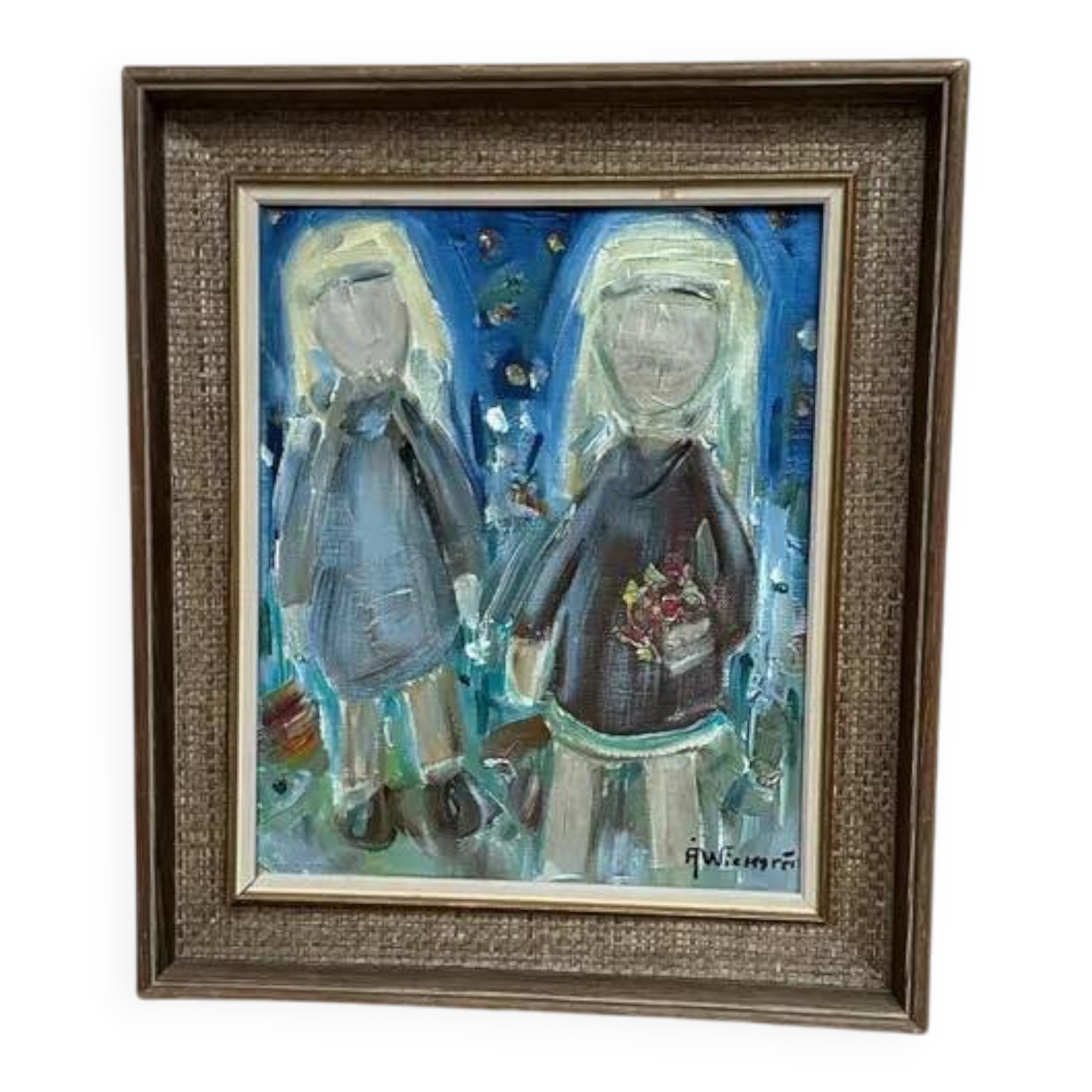 Original Swedish Oil on Canvas – “Friends” by A. Wickgren – Vintage & Framed