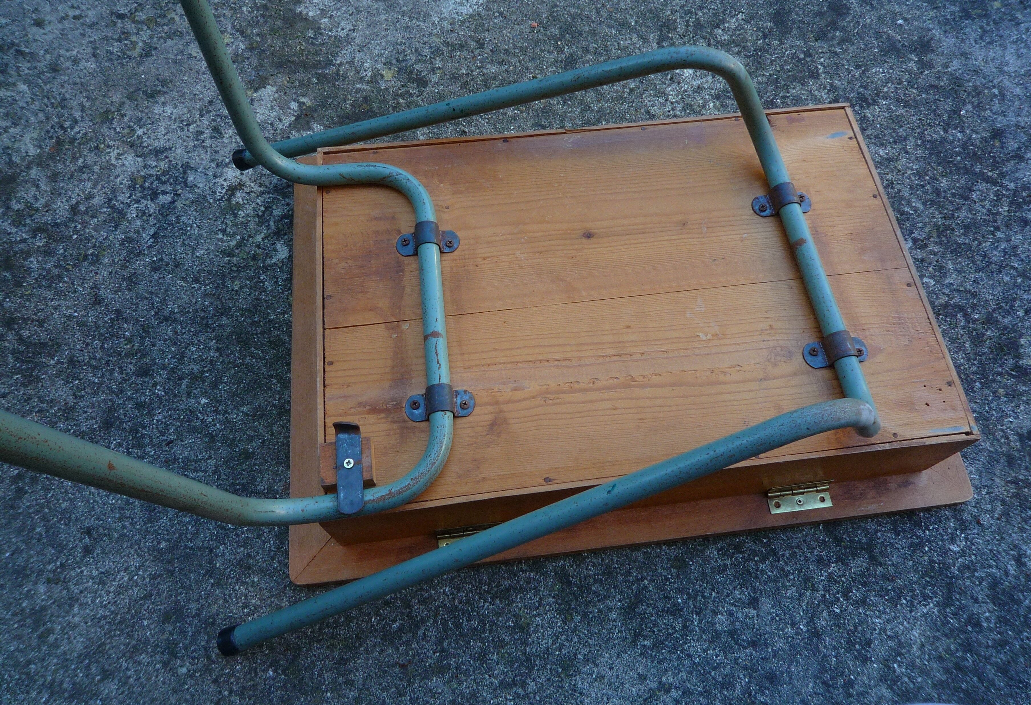 Folding school desk, wood and metal, vintage 50s