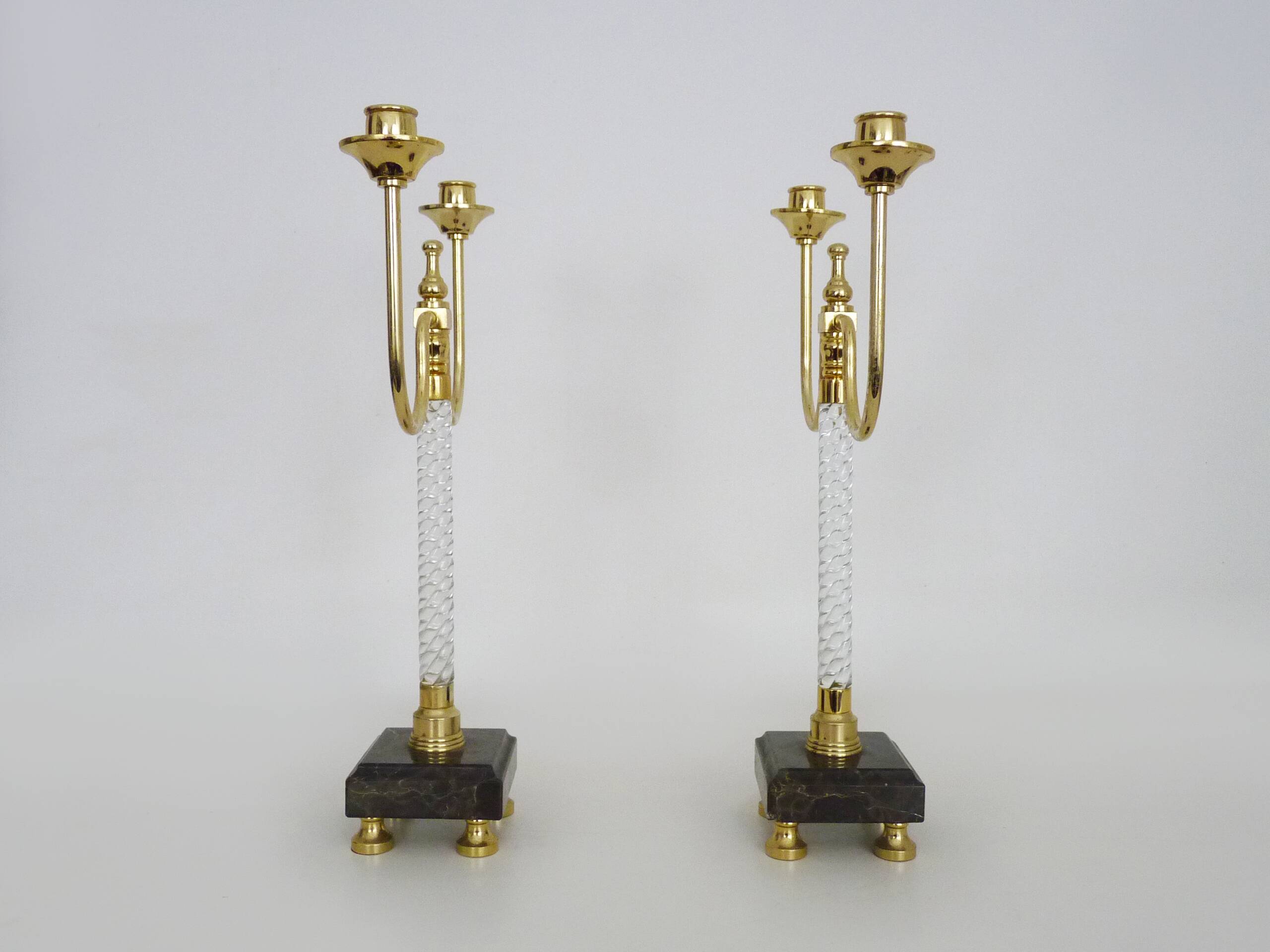 Pair of large candlesticks, Restoration style in brass, black marble, glass. 19th century