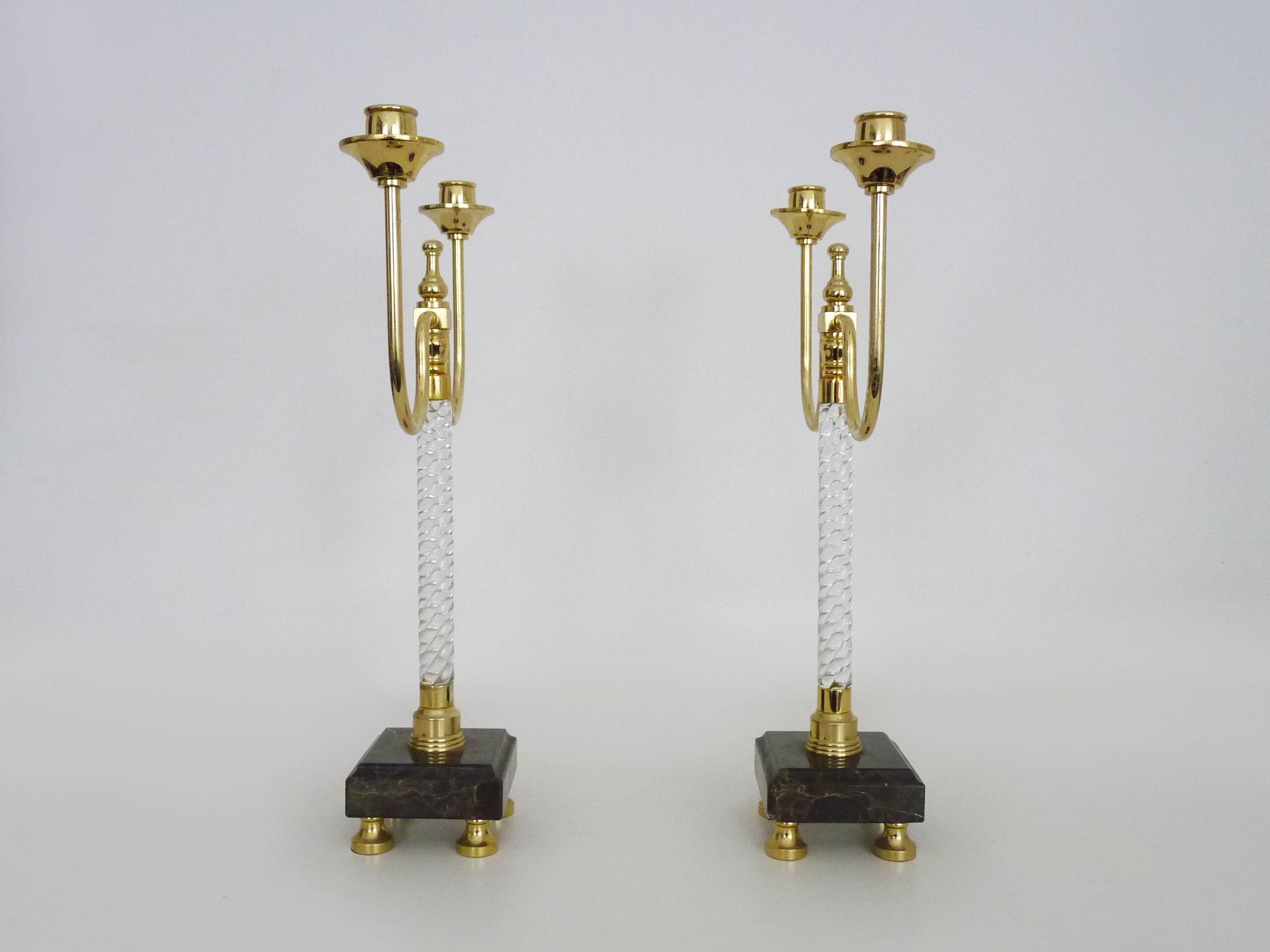 Pair of large candlesticks, Restoration style in brass, black marble, glass. 19th century