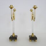 Pair of large candlesticks, Restoration style in brass, black marble, glass. 19th century